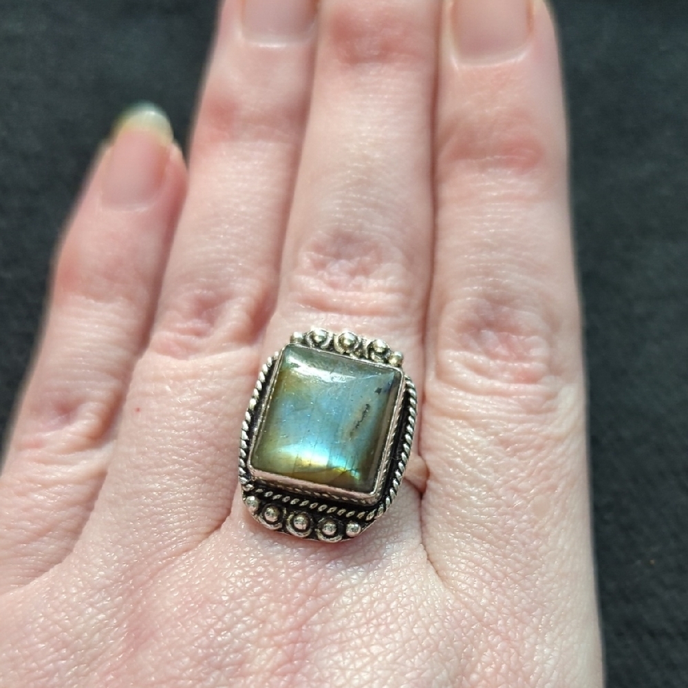 Silver Plated Grey Labradorite Gemstone Square Statement Ring - Size 10